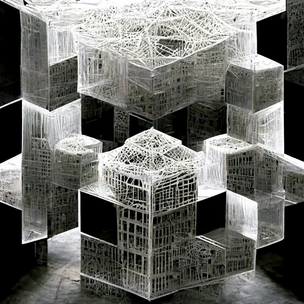 a hyperstructure city made of wireframe cubes in the style of conceptual artist Sol LeWitt