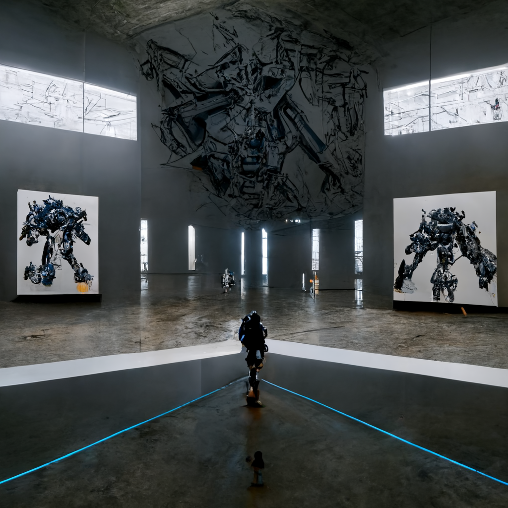 detailed anime mecha in a vast concrete gallery hangar looking at and appreciating wall drawings and sculptures by conceptual artist Sol LeWitt, unreal engine 5, realistic, 8k